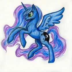 Size: 4663x4666 | Tagged: safe, artist:bezeba, derpibooru import, princess luna, alicorn, pony, g4, ethereal mane, ethereal tail, image, jpeg, simple background, spread wings, tail, traditional art, watercolor painting, wings