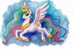 Size: 950x645 | Tagged: safe, artist:bezeba, derpibooru import, princess celestia, alicorn, pony, g4, abstract background, ethereal mane, ethereal tail, flying, image, jewelry, jpeg, regalia, spread wings, tail, traditional art, watercolor painting, wings