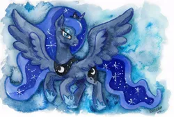 Size: 950x638 | Tagged: safe, artist:bezeba, derpibooru import, princess luna, alicorn, pony, g4, abstract background, ethereal mane, ethereal tail, image, jewelry, jpeg, regalia, spread wings, tail, traditional art, watercolor painting, wings