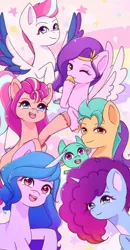 Size: 500x960 | Tagged: safe, artist:flutter._marine, derpibooru import, hitch trailblazer, izzy moonbow, pipp petals, sparky sparkeroni, sunny starscout, zipp storm, dragon, earth pony, pegasus, pony, unicorn, g5, abstract background, applejack (g5), baby, baby dragon, female, fluttershy (g5), group photo, horn, image, jpeg, looking at you, male, mane five, mane seven (g5), mane six (g5), mane stripe sunny, mare, misty brightdawn, phone wallpaper, pinkie pie (g5), rainbow dash (g5), rarity (g5), rebirth misty, stallion, twilight sparkle (g5), wallpaper