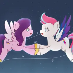 Size: 736x736 | Tagged: safe, artist:flutter._marine, derpibooru import, pipp petals, zipp storm, pegasus, pony, g5, abstract background, duo, duo female, female, holding hooves, image, jpeg, looking at each other, looking at someone, mare, night, night sky, portrait day, royal sisters (g5), siblings, sisters, sky