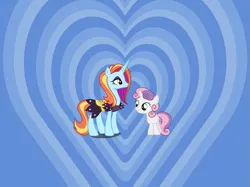 Size: 959x718 | Tagged: artist needed, safe, anonymous artist, artist:ready2fail, artist:xebck, derpibooru import, sassy saddles, sweetie belle, pony, unicorn, crack shipping, cute, diasweetes, duo, eyeshadow, female, filly, foal, grin, heart, heart background, horn, image, lesbian, looking at each other, looking at someone, makeup, mare, png, sassybetes, ship:sassybelle, shipping, smiling, smiling at each other