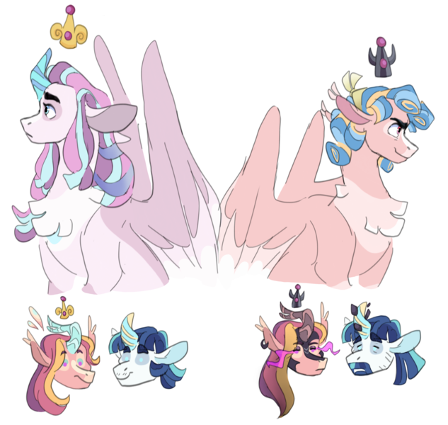 Size: 2512x2382 | Tagged: safe, artist:baylard, derpibooru import, cozy glow, princess cadance, princess flurry heart, shining armor, alicorn, pegasus, pony, unicorn, g4, alternate universe, beard, eye mist, facial hair, female, horn, horn crystals, image, interdimensional siblings, magic suppression, mare, mirror universe, older, older flurry heart, parent:princess cadance, parent:shining armor, png, simple background, white background