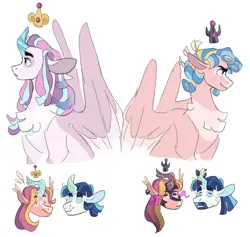 Size: 2512x2382 | Tagged: safe, artist:baylard, derpibooru import, cozy glow, princess cadance, princess flurry heart, shining armor, alicorn, pegasus, pony, unicorn, g4, alternate universe, beard, eye mist, facial hair, female, horn, horn crystals, image, interdimensional siblings, magic suppression, mare, mirror universe, older, older flurry heart, parent:princess cadance, parent:shining armor, png, simple background, white background