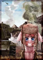 Size: 742x1038 | Tagged: safe, artist:thatonegib, derpibooru import, oc, unofficial characters only, pony, army, clothes, cyrillic, eastern front, hat, image, jpeg, kv-2, meme, military, reference, russian, solo, soviet, tank (vehicle), thousand yard stare, uniform, ushanka, vehicle, war, world war ii