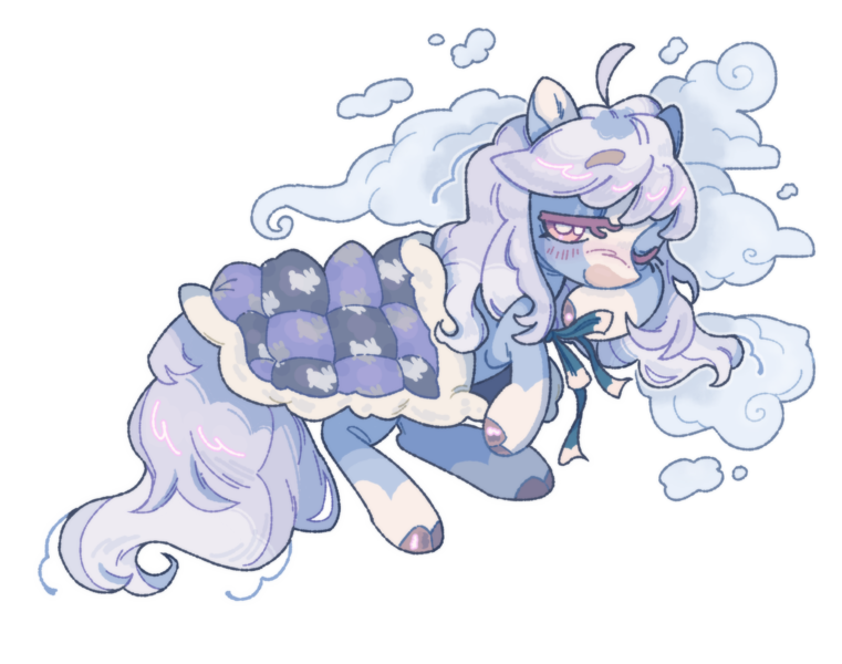 Size: 1740x1371 | Tagged: safe, artist:onionpwder, derpibooru import, oc, oc:cottontail clouds, unofficial characters only, earth pony, pony, ahoge, alternate versions at source, blanket, blu coat, blue eyeshadow, blush lines, blush scribble, blushing, cloud, cloven hooves, coat markings, colored eyebrows, colored eyelashes, colored hooves, colored pinnae, commission, earth pony oc, eyebrows, eyebrows visible through hair, eyelashes, eyeshadow, facial markings, female, female oc, hooves, image, lidded eyes, long mane, long tail, looking back, lying down, makeup, mare, mare oc, one eye closed, outline, pink eyes, png, purple eyelashes, purple hooves, quilt, ribbon, shiny mane, shiny tail, side, simple background, smiling, snip (coat marking), socks (coat marking), tail, three quarter view, transparent background, white mane, white pupils, white tail