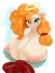 Size: 2304x3072 | Tagged: suggestive, artist:dulldi, derpibooru import, pear butter, anthro, earth pony, g4, adorasexy, areola, areola slip, big breasts, breasts, busty pear butter, cute, female, halo, image, looking at you, milf, png, sexy, smiling, smiling at you