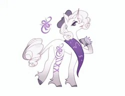 Size: 1620x1246 | Tagged: safe, artist:anemonaii, derpibooru import, part of a set, rarity, pony, unicorn, g4, alternate design, alternate eye color, alternate mane color, alternate tail color, alternate tailstyle, beauty mark, beret, cascading cutie mark, clothes, colored eyebrows, colored hooves, colored pupils, curved horn, ear piercing, earring, eyelashes, eyeshadow, female, fetlock tuft, gradient horn, gradient legs, gradient tail, hat, hoof on chest, hooves, horn, image, jewelry, jpeg, leonine tail, lipstick, looking back, makeup, mare, piercing, pincushion, purple eyes, purple eyeshadow, purple hooves, raised leg, red lipstick, red pupils, redesign, scarf, signature, simple background, smiling, solo, tail, thin tail, underhoof, unicorn horn, white background, white coat, white mane, white tail