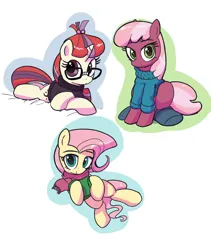 Size: 1600x1900 | Tagged: safe, artist:vultraz, ponerpics import, cheerilee, fluttershy, moondancer, earth pony, pegasus, pony, unicorn, clothes, female, glasses, image, looking at you, lying down, mare, png, scarf, simple background, sitting, socks, sweater