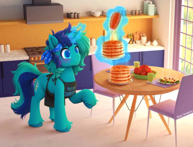 Size: 3081x2351 | Tagged: safe, artist:moetempura, derpibooru import, oc, oc:rocky blues, unofficial characters only, pony, unicorn, apron, bandana, blushing, breakfast, chair, clothes, commissioner:rockatdusk, counter, cup, food, fruit, horn, image, kitchen, magic, magic aura, male, omelette, pancakes, png, solo, stallion, stallion oc, stove, syrup, table, unicorn oc, window