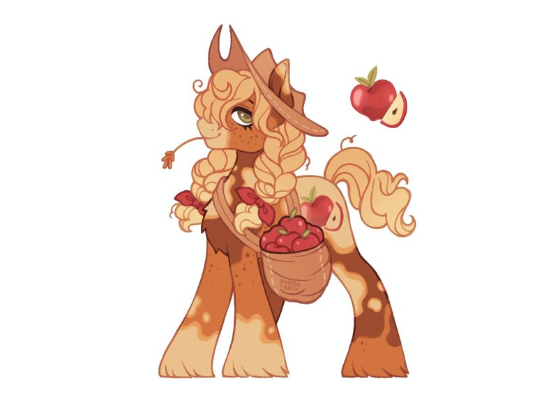 Size: 1620x1246 | Tagged: safe, artist:anemonaii, derpibooru import, part of a set, applejack, earth pony, pony, g4, alternate cutie mark, alternate design, alternate hairstyle, alternate tailstyle, apple, applejack's hat, applejacked, bag, blonde mane, blonde tail, bow, braid, braided pigtails, chest fluff, coat markings, colored ears, colored eartips, colored muzzle, cowboy hat, eyelashes, facial markings, female, food, freckles, green eyes, hair bow, hat, image, jpeg, leg freckles, looking back, mare, muscles, orange coat, pale muzzle, pigtails, profile, red bow, redesign, satchel, signature, simple background, smiling, splotches, standing, stetson, straw in mouth, tail, tied mane, two toned ears, unshorn fetlocks, white background