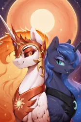 Size: 1200x1800 | Tagged: safe, ai content, machine learning generated, prompter:greesys, daybreaker, princess luna, alicorn, pony, g4, bust, female, females only, image, looking at you, png, portrait