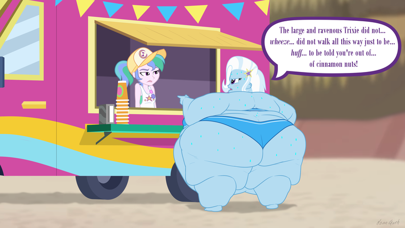 Size: 2560x1440 | Tagged: suggestive, artist:neongothic, derpibooru import, trixie, equestria girls, g4, bbw, beach, breasts, chubby cheeks, clothes, comic, fat, fat ass, fat boobs, fat fetish, fetish, food truck, image, morbidly obese, obese, png, rolls of fat, ssbbw, summer solstice (g4), swimsuit, the ass was fat, thighs, thunder thighs, vehicle, weight gain, wide hips