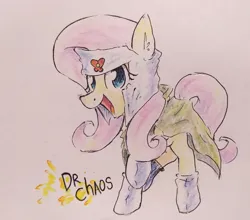 Size: 4096x3607 | Tagged: safe, artist:mirio_p2, derpibooru import, fluttershy, pegasus, g4, booties, cloak, clothes, colored, female, full body, full color, headband, image, jpeg, name, open mouth, open smile, paper background, raised hoof, reference, solo, south park, text, traditional art