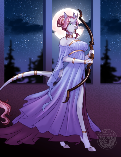 Size: 2550x3300 | Tagged: safe, artist:askbubblelee, derpibooru import, oc, oc:rosie quartz, unofficial characters only, anthro, pony, unguligrade anthro, unicorn, anthro oc, bow (weapon), clothes, digital art, dress, female, full moon, horn, image, jewelry, leonine tail, lipstick, mare, moon, night, png, side slit, solo, starry night, stars, tail, unicorn oc