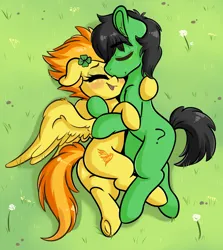 Size: 1280x1432 | Tagged: safe, artist:wickedsilly, edit, ponerpics import, spitfire, oc, oc:anon, oc:anon stallion, earth pony, pegasus, pony, blushing, canon x oc, clover, cuddling, cute, cutefire, eyes closed, female, four leaf clover, grass, image, male, mare, ocbetes, png, shipping, stallion, straight