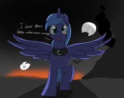 Size: 985x776 | Tagged: safe, artist:ricy, ponerpics import, derpy hooves, princess luna, alicorn, pony, destruction, dialogue, fire, fusion, i just don't know what went wrong, image, moon, png, smoke, solo