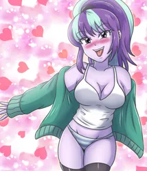 Size: 3000x3500 | Tagged: suggestive, artist:sumin6301, derpibooru import, starlight glimmer, human, equestria girls, g4, alternate hairstyle, bedroom eyes, blushing, breasts, busty starlight glimmer, cleavage, clothes, eyebrows, eyebrows visible through hair, eyeshadow, female, heart, heart background, high res, image, jacket, jpeg, lipstick, looking at you, makeup, off shoulder, open mouth, open smile, panties, ponytail, smiling, smiling at you, socks, solo, solo female, stockings, striped panties, striped underwear, tanktop, thigh highs, underwear