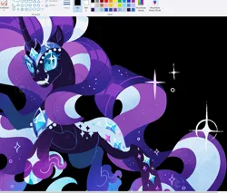 Size: 1111x948 | Tagged: safe, artist:rotten_hyena, derpibooru import, nightmare rarity, pony, unicorn, g4, art program in frame, black background, fangs, female, grin, horn, image, jpeg, mare, ms paint, rearing, simple background, smiling, solo, underhoof, wip