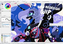 Size: 1421x1013 | Tagged: safe, artist:rotten_hyena, derpibooru import, nightmare moon, alicorn, pony, g4, art program in frame, female, image, jpeg, mare, open mouth, redesign, solo, wip