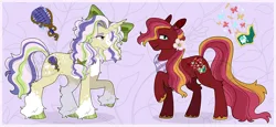 Size: 6306x2892 | Tagged: safe, artist:blazenly-obvious, derpibooru import, oc, unofficial characters only, earth pony, pony, unicorn, absurd resolution, bandana, blaze (coat marking), bow, coat markings, colored chest fluff, colored hooves, duo, earth pony oc, facial markings, flower, flower in hair, freckles, hair bow, half-siblings, hock fluff, hooves, horn, image, leg fluff, looking at you, offspring, parent:applejack, parent:big macintosh, parent:fluttershy, parents:applemac, parents:fluttermac, plaid, png, product of incest, raised hoof, shiny hooves, smiling, smiling at you, socks (coat marking), three toned mane, three toned tail, unicorn oc, unshorn fetlocks, watermark