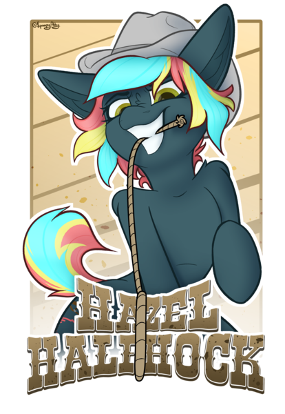 Size: 2160x3134 | Tagged: safe, artist:spoopy-abby, derpibooru import, oc, oc:hazel halfhock, unofficial characters only, earth pony, pony, badge, con badge, cowboy hat, female, hat, image, lasso, mare, png, rope, solo