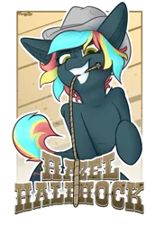 Size: 2160x3134 | Tagged: safe, artist:spoopy-abby, derpibooru import, oc, oc:hazel halfhock, unofficial characters only, earth pony, pony, badge, con badge, cowboy hat, female, hat, image, lasso, mare, png, rope, solo