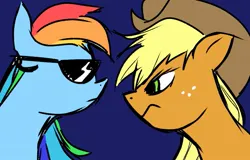 Size: 927x592 | Tagged: safe, artist:anonymous, derpibooru import, applejack, rainbow dash, earth pony, pegasus, pony, g4, aggressive, blue background, drawthread, duo, female, image, jpeg, looking at each other, looking at someone, mare, requested art, simple background, sunglasses