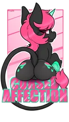 Size: 2160x3840 | Tagged: safe, artist:spoopy-abby, derpibooru import, oc, oc:cursed affection, unofficial characters only, pony, unicorn, back, badge, butt, cheek fluff, con badge, featureless crotch, female, horn, image, looking back, nose wrinkle, plot, png, shoulder fluff, sitting, smiling, solo, tail