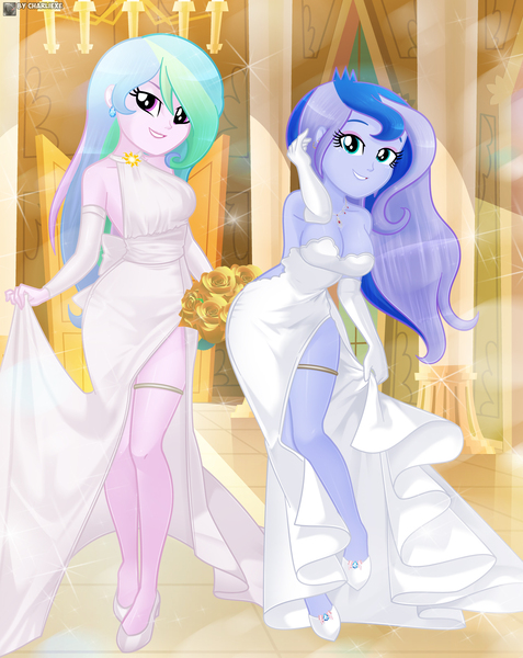 Size: 2077x2612 | Tagged: safe, artist:charliexe, ponerpics import, princess celestia, princess luna, equestria girls, breasts, clothes, dress, duo, duo female, evening gloves, female, gloves, high heels, image, jpeg, long gloves, shoes, solo, wedding dress