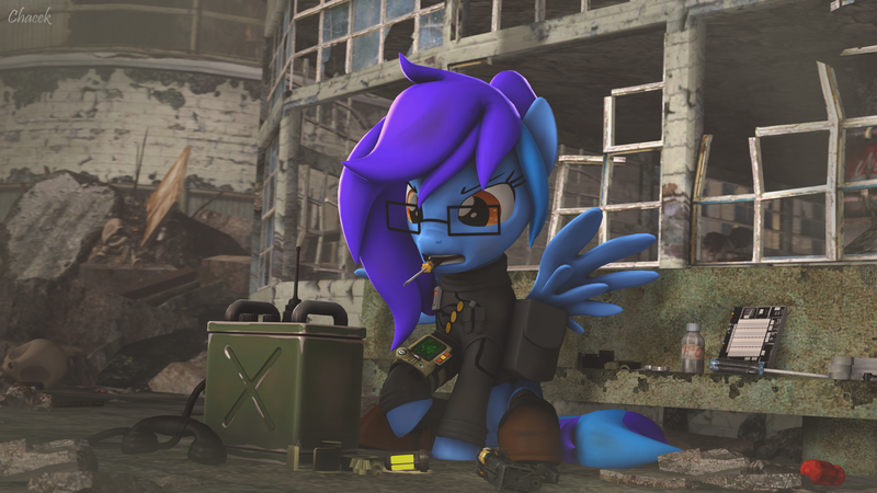 Size: 3840x2160 | Tagged: safe, artist:chacek757, derpibooru import, oc, oc:angley, unofficial characters only, pegasus, fallout equestria, 3d, bag, bone, clothes, enclave, enclave uniform, frustrated, glasses, image, laser pistol, pipbuck, png, radio, saddle bag, screwdriver, skeleton, solo, source filmmaker, uniform, wings