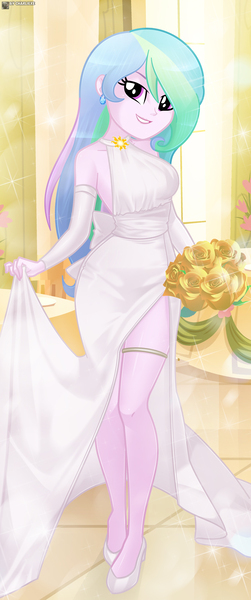 Size: 1092x2607 | Tagged: safe, artist:charliexe, ponerpics import, princess celestia, equestria girls, breasts, bride, clothes, dress, female, garter, high heels, image, jpeg, shoes, solo, wedding dress