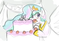 Size: 1315x923 | Tagged: safe, artist:zutcha, derpibooru import, princess celestia, alicorn, pony, g4, blushing, cake, cakelestia, caught, female, food, image, jpeg, looking at you, mare, open mouth, sketch, solo, spread wings, wings