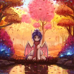 Size: 2000x2000 | Tagged: safe, artist:adagiostring, derpibooru import, oc, unofficial characters only, bat pony, pony, autumn, bat pony oc, bat wings, cute, falling leaves, female, forest, forest background, glow, image, lake, leaves, looking down, nature, png, sitting, solo, solo focus, tree, water, wings