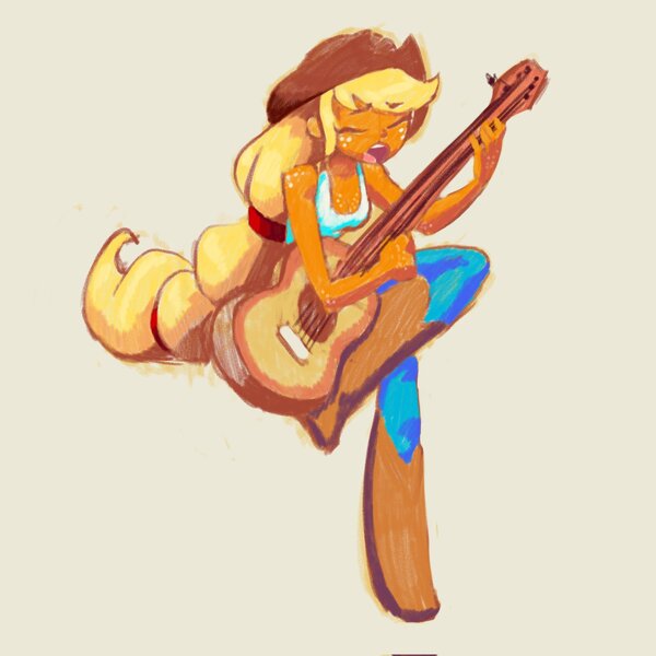 Size: 2048x2048 | Tagged: safe, artist:shadowhawx, derpibooru import, applejack, human, equestria girls, g4, acoustic guitar, beige background, boots, clothes, cowboy boots, crossed legs, eyebrows, eyebrows visible through hair, eyes closed, female, guitar, image, jpeg, musical instrument, open mouth, open smile, shoes, simple background, singing, sitting, smiling, solo