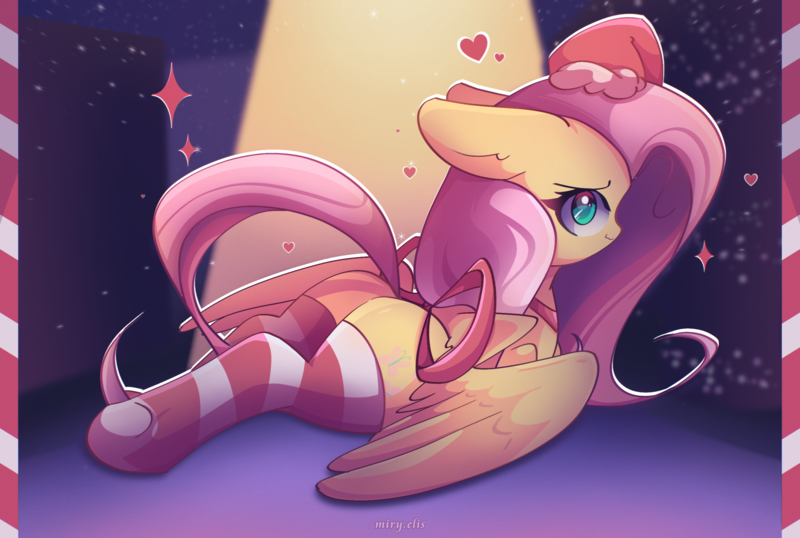 Size: 2600x1750 | Tagged: safe, artist:miryelis, derpibooru import, fluttershy, pegasus, pony, g4, bow, butt, christmas, clothes, cute, ear fluff, female, floppy ears, hat, heart, holiday, image, long hair, lying down, mare, plot, png, prone, santa hat, smiling, socks, solo, striped socks, underhoof