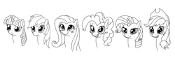 Size: 1500x500 | Tagged: safe, artist:grafc0ndey, ponerpics import, applejack, fluttershy, pinkie pie, rainbow dash, rarity, twilight sparkle, black and white, bust, cute, grayscale, head, image, mane six, monochrome, open smile, png, simple background, smiling, white background