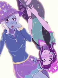 Size: 2175x2900 | Tagged: safe, artist:kekibon, derpibooru import, starlight glimmer, trixie, equestria girls, g4, beanie, clothes, duo, duo female, female, hat, hoodie, image, jeans, lesbian, pants, png, ripped jeans, ripped pants, shipping, shirt, skirt, startrix, t-shirt, torn clothes, trixie's hat, vest, watch, wristwatch