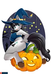 Size: 1884x2729 | Tagged: suggestive, artist:lifejoyart, ponerpics import, oc, unofficial characters only, anthro, bikini, breasts, butt, clothes, female, halloween, hat, holiday, image, jack-o-lantern, jpeg, pumpkin, solo, swimsuit, witch hat