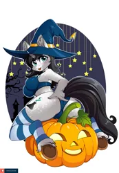 Size: 1884x2729 | Tagged: suggestive, artist:lifejoyart, ponerpics import, oc, unofficial characters only, anthro, breasts, butt, clothes, female, halloween, hat, holiday, image, jack-o-lantern, jpeg, pumpkin, socks, solo, striped socks, witch hat