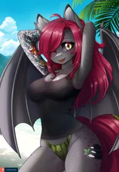 Size: 1884x2729 | Tagged: suggestive, artist:lifejoyart, ponerpics import, oc, unofficial characters only, anthro, bat pony, bat pony oc, bat wings, bikini, bikini bottom, breasts, cleavage, clothes, female, image, jpeg, one eye closed, solo, swimsuit, wings