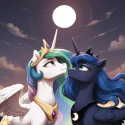 Size: 1024x1024 | Tagged: prompter needed, safe, ai content, machine learning generated, princess celestia, princess luna, alicorn, pony, g4, duo, duo female, female, folded wings, full moon, image, jewelry, mare, moon, png, regalia, siblings, sisters, spread wings, wings