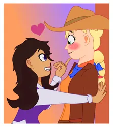 Size: 1200x1350 | Tagged: safe, artist:prixy05, derpibooru import, applejack, starlight glimmer, human, g4, applejack's hat, blushing, clothes, cowboy hat, duo, duo female, female, hat, height difference, humanized, image, lesbian, light skin, natural hair color, png, ship:glimmerjack, shipping, tan skin