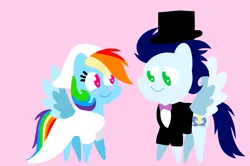 Size: 1935x1285 | Tagged: safe, anonymous artist, derpibooru import, rainbow dash, soarin', pegasus, pony, series:soarindash romantic tales, series:soarindash wedding, g4, blushing, bride, bride dress, clothes, derpibooru exclusive, dress, female, groom, image, implied princess celestia, looking at each other, looking at someone, male, mare, marriage, png, pointy ponies, shipping, smiling, smiling at each other, soarindash, stallion, straight, tuxedo, wedding