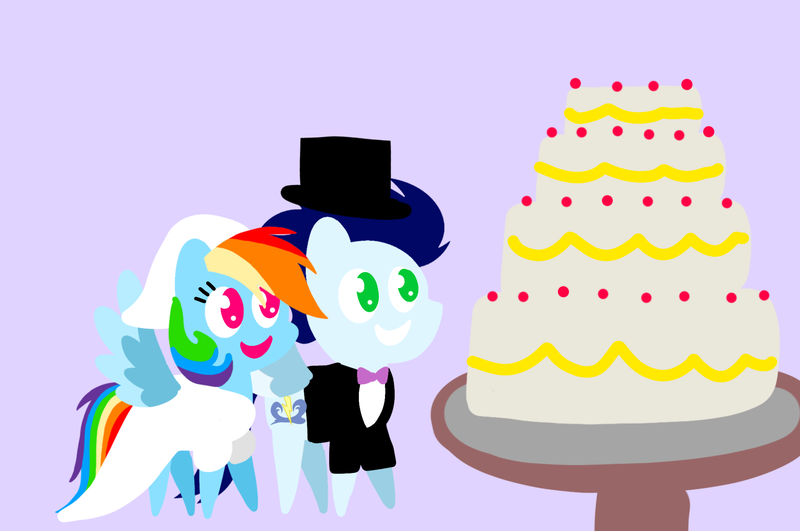 Size: 1935x1285 | Tagged: safe, anonymous artist, derpibooru import, rainbow dash, soarin', pegasus, pony, series:soarindash romantic tales, series:soarindash wedding, g4, cake, clothes, cute, dashabetes, derpibooru exclusive, dress, female, food, heartwarming, image, male, mare, marriage, married couple, png, pointy ponies, primal instinct, rainbow dash is best pony, shipping, smiling, soarinbetes, soarindash, stallion, straight, tuxedo, wedding, wedding dress, yummy