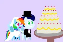 Size: 1935x1285 | Tagged: safe, anonymous artist, derpibooru import, rainbow dash, soarin', pegasus, pony, series:soarindash romantic tales, series:soarindash wedding, g4, cake, clothes, derpibooru exclusive, dress, female, food, image, male, mare, marriage, married couple, png, pointy ponies, shipping, smiling, soarindash, stallion, straight, tuxedo, wedding, wedding dress