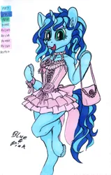 Size: 762x1200 | Tagged: safe, artist:sepiakeys, derpibooru import, oc, oc:blue giggles, anthro, digitigrade anthro, unicorn, crossdressing, horn, image, male, png, purse, solo, traditional art