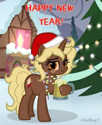 Size: 1043x1280 | Tagged: safe, artist:6hellboy9, derpibooru import, oc, oc:kesha, unofficial characters only, pony, unicorn, christmas, christmas tree, freckles, garland, happy new year, hat, holiday, horn, image, piercing, png, santa hat, tree, unicorn oc, winter