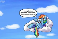 Size: 3000x2000 | Tagged: safe, artist:simpledoggo, derpibooru import, rainbow dash, pegasus, pony, g4, book, cloud, crying, female, image, implied daring do, jpeg, on a cloud, sitting, sitting on cloud, solo, speech bubble, text