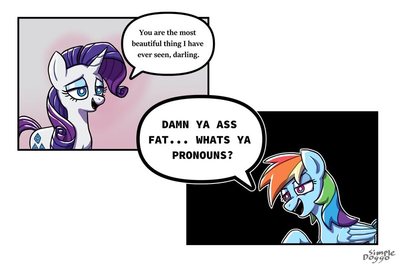 Size: 3000x2000 | Tagged: safe, artist:simpledoggo, derpibooru import, rainbow dash, rarity, pegasus, pony, unicorn, g4, duo, female, horn, image, jpeg, lesbian, meme, ponified meme, ship:raridash, shipping, speech bubble, text